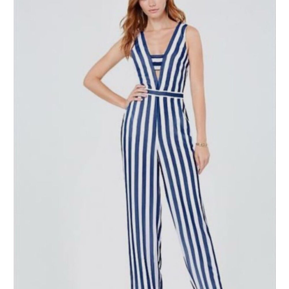 Bebe Women's Blue White Stripe Deep V-Neck Sleeveless Bandeau Jumpsuit Sz‎ 0 NWT